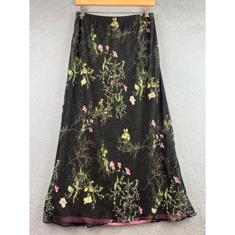Carole Little Womens Floral Leopard Print Maxi Skirt Pink Lace Trim Size 14